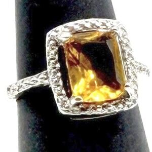 Silver Tone Citrine Color Statement Ring Size 6.75